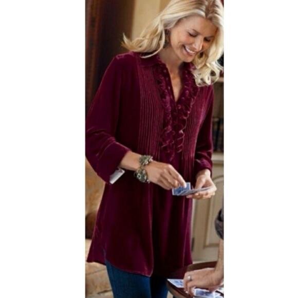 Soft Surroundings Tunic Velvet Feel Velour Ruffled XS Burgundy - Picture 1 of 4